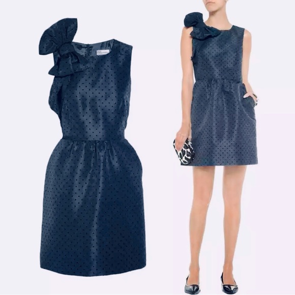 Red Valentino Deep Midnight Blue Polka Dot Pattern Dress with bow accents - Picture 2 of 11